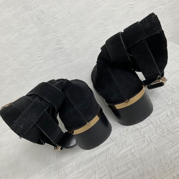 Vince Camuto Webey Black Suede Moto Boots Biker Cowgirl Block Heel Gold Trim 8.5 - Picture 15 of 15